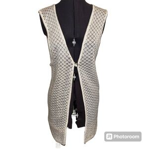 Vtg Disney Mickey Unlimited Crochet White Sleeveless Long Cardigan